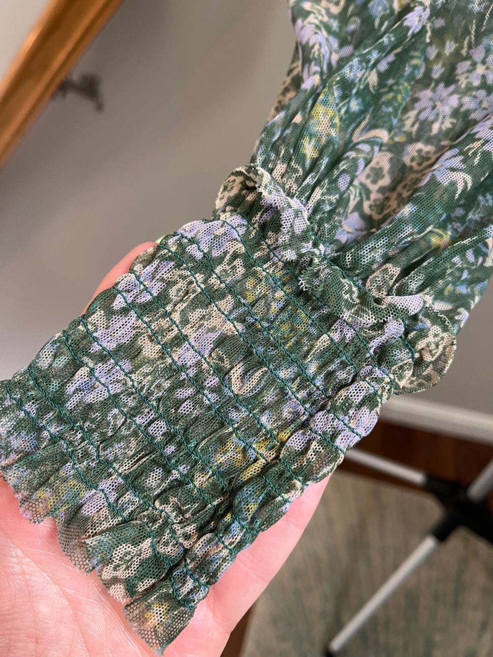 Free People Twyla Green Floral Tie-Front Shirred Waist Blouse - Size Small - Picture 7 of 11